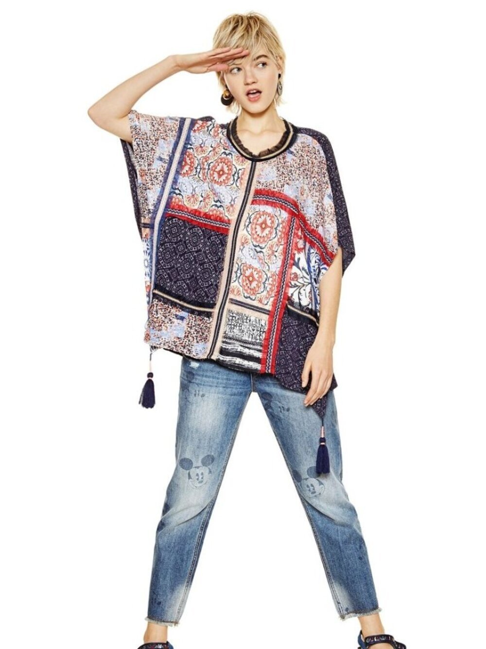 Desigual NAvy Blue Red Flowy Poncho Paisley Tasseled Oversized Top Women XL